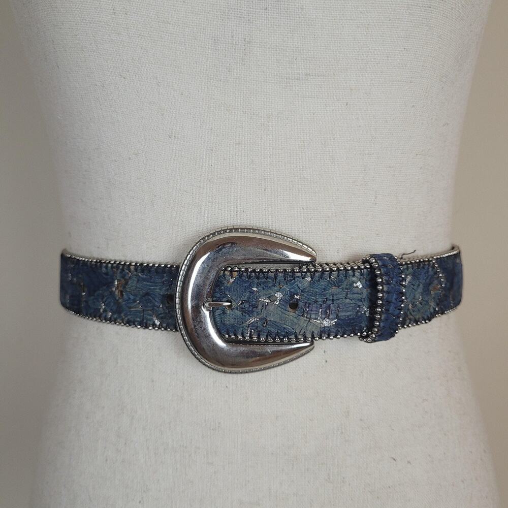 Blue Leather Belt Medium Western Studded Boho Abstract Textured Coastal Cowgirl